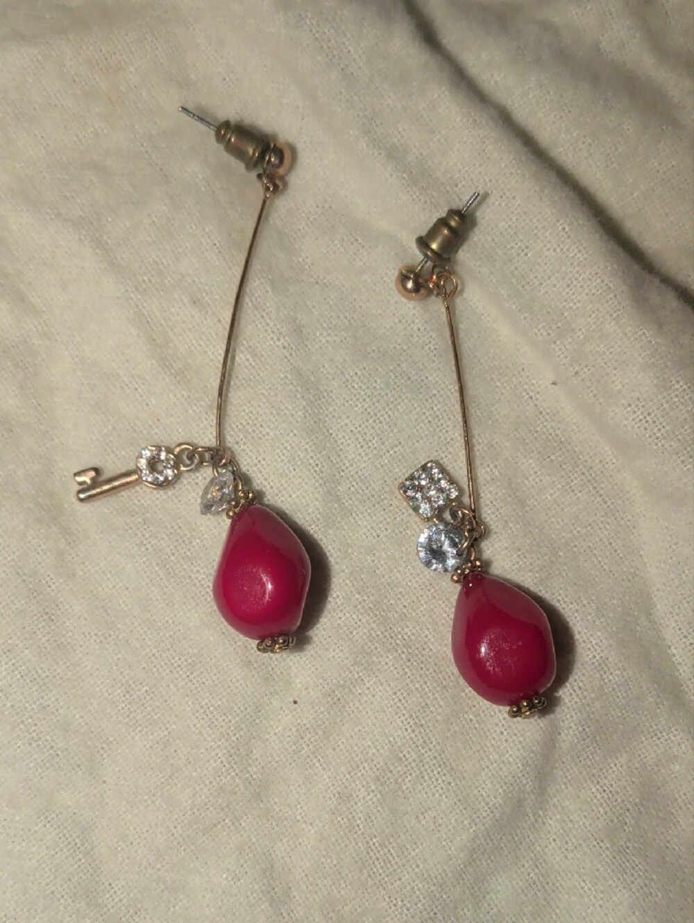 Vintage Gold-Tone Earrings with Red Stone Beads and Crystal Charm Accents